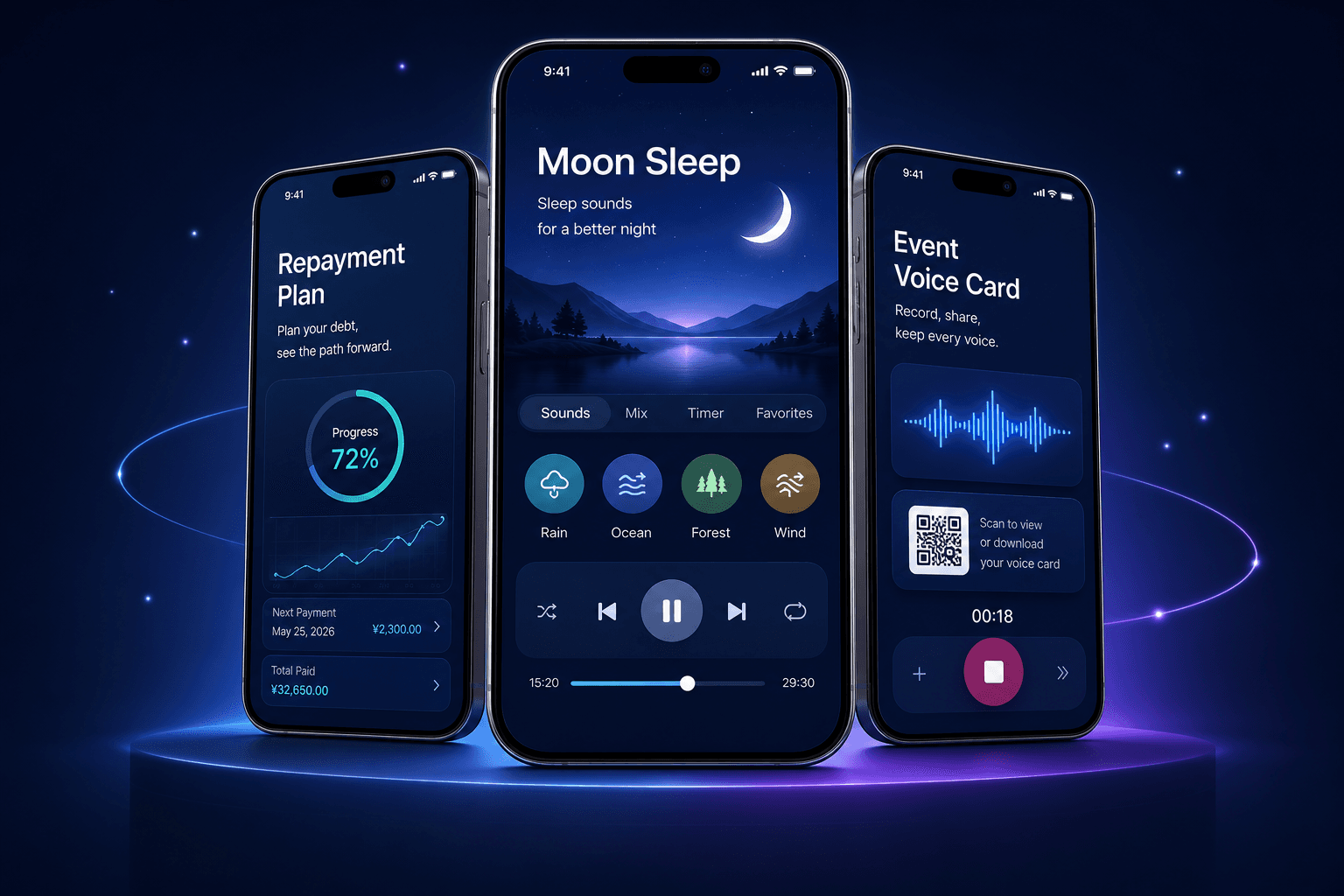 宗介网络科技 app previews for sleep, repayment planning, and event voice cards